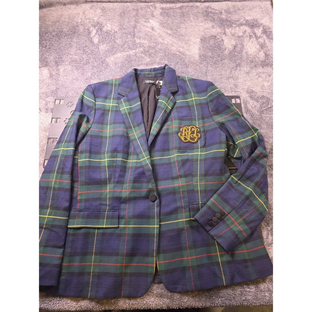 Lauren Ralph Lauren Bullion Tartan Plaid Blazer Womens 2 Wool Blend Twill Crest